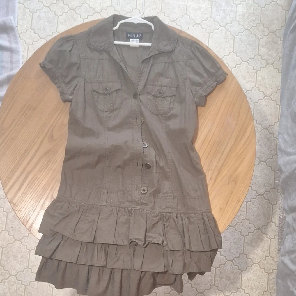 VENUS Olive Button-Up Ruffle Dress - Picture 1 of 6